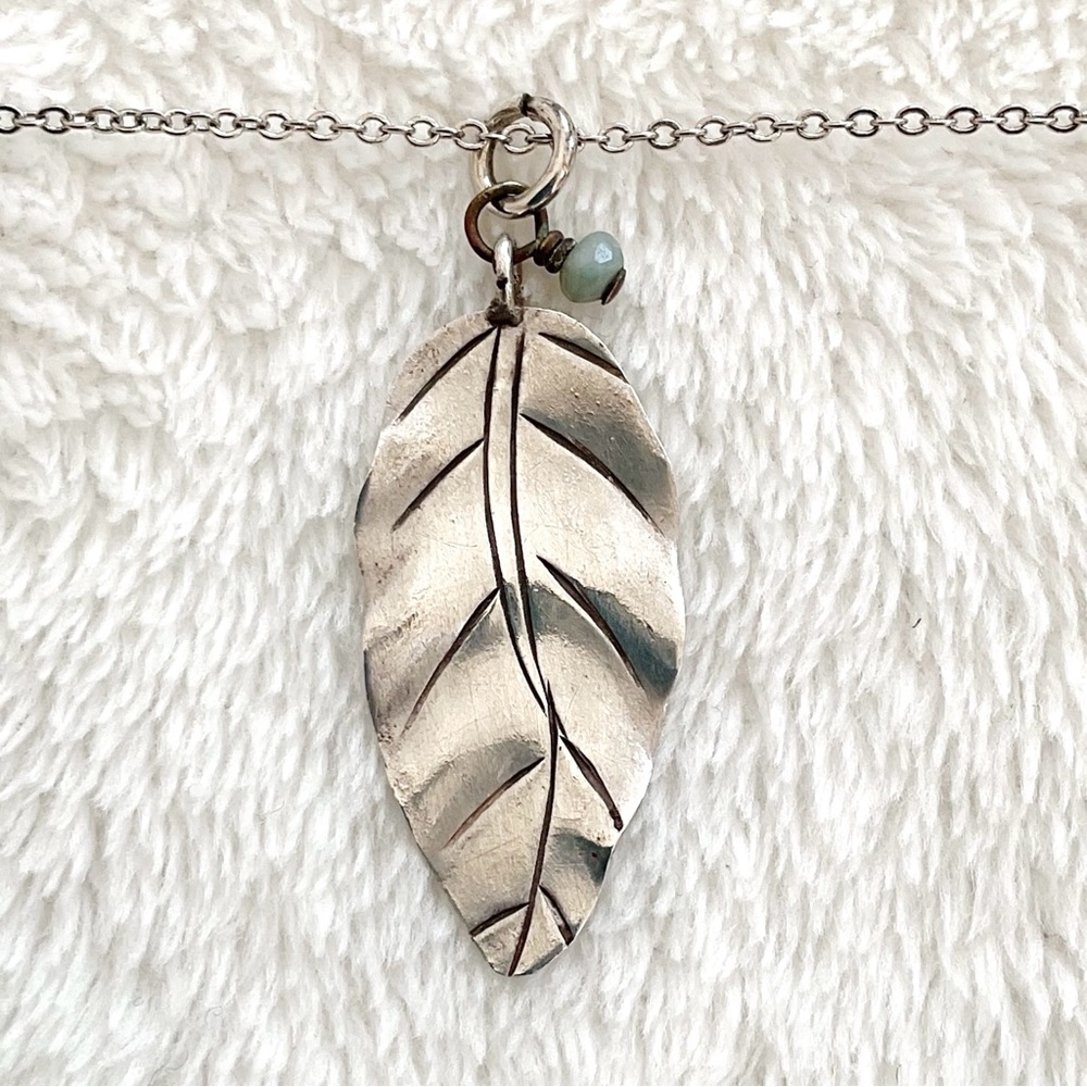 Handmade Silver Tone Leaf Pendant with Green Bead Accent Artisan Nature Jewelry